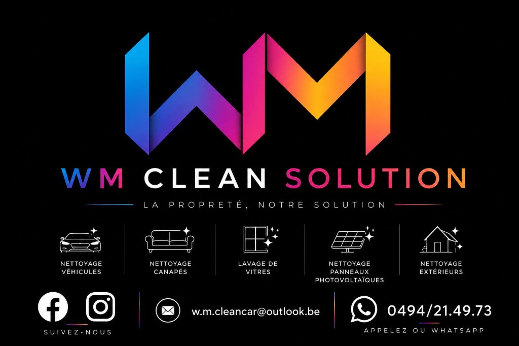 WM Clean Solution — La propreté, notre solution. Nettoyage véhicules, canapés, vitres, panneaux photovoltaïques et extérieurs.